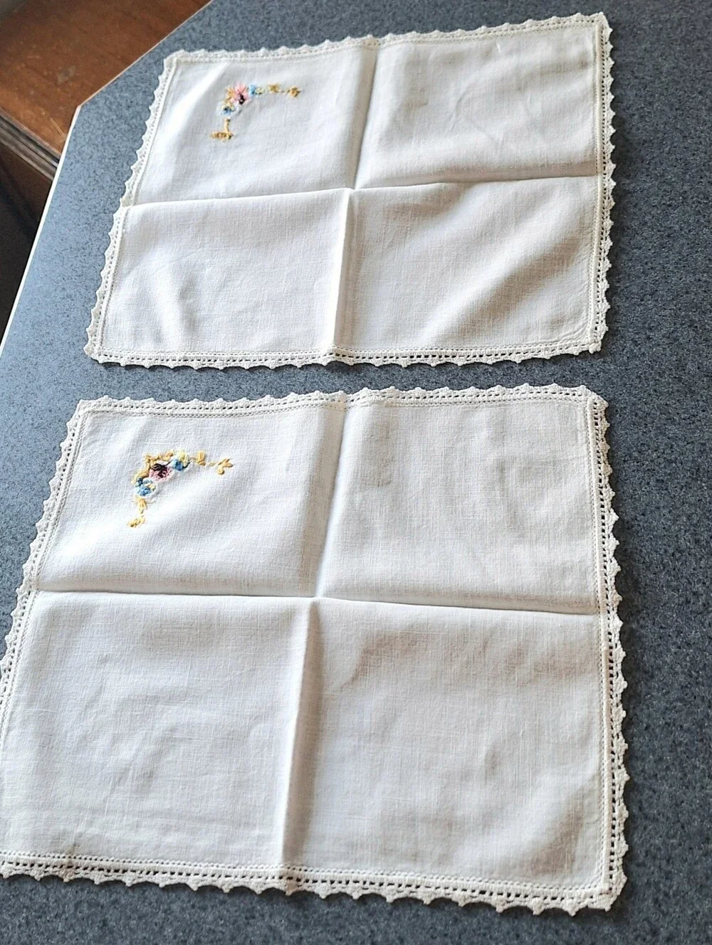 Vintage Handmade Embroidered Floral Napkins With Crochet Edges, Set of 4